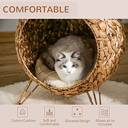 PawHut 20.5" Weaved Cat Bed, Elevated Hand-Woven Braided Banana Leaf Kitten House Condo with Cushion, Natural - color: Natural
