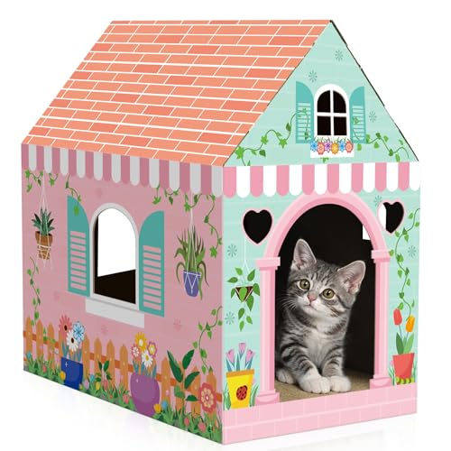 Cinrobiye Cardboard Cat House with Scratcher Spring Pet Board Bed Cave Playhouse Hideaway Hideout Condo Decor Small Animals Scratch Box for Indoor Cats Kittens Rabbits Bunny - color: Pink