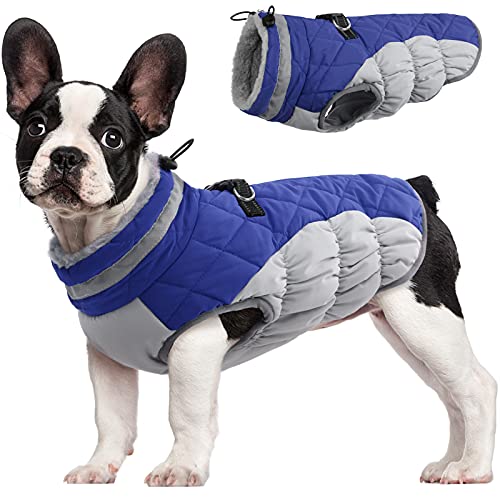 FUAMEY Dog Coat for Small Dogs,Waterproof Dog Winter Jacket with Harness Built in Puppy Cold Weather Coats Reflective Pet Vest with Zipper Warm Fleece Dogs Snowsuit Windproof Blue XS - color: Blue, size: XS(chest:14in)