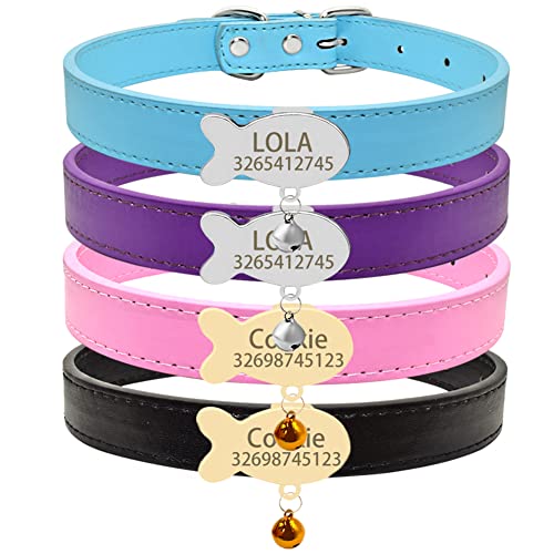 Personalized Soft PU Leather Cat Collar with Nameplate,Custom Engraving Name & Phone Fish Shaped Slidable ID Tag Cat Collar with Bell,Cat Neck Strap for Kitty