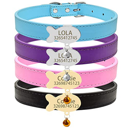 Personalized Soft PU Leather Cat Collar with Nameplate,Custom Engraving Name & Phone Fish Shaped Slidable ID Tag Cat Collar with Bell,Cat Neck Strap for Kitty