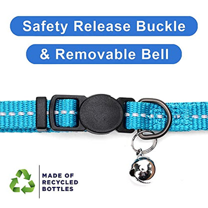 Pawtitas Recycled Teal Reflective Cat Collar – Eco-Friendly Breakaway Safety Buckle, Adjustable Kitten & Adult Collar with Removable Bell and High-Visibility Strap - color: Recycled Teal