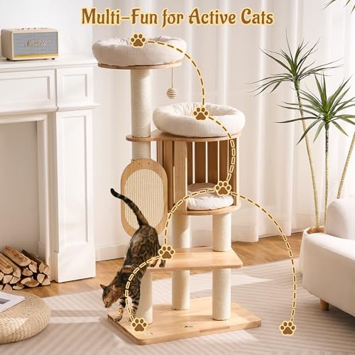 Modern Solid Wood Cat Tree for Indoor Cats Large Adult, 50in Tall Cat Tower with Sisal Scratching Posts, Cat Scratcher Cardboard, Cozy Cat Beds Cave Condo, Multi-Level Cat Furniture - color: Natural