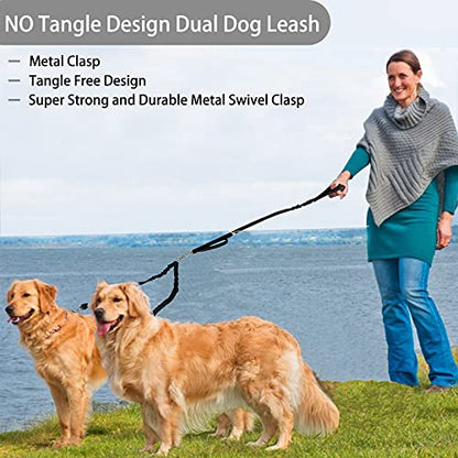 Double Dog Leash - Dual 360 No Tangle Two Dogs Leash for Small to Large Dogs - Adjustable, Tangle Free (Black) - color: Black