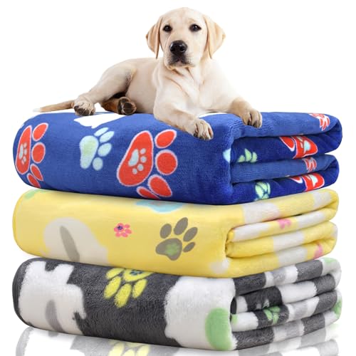 Rezutan Blanket for Large Dogs 1 Pack 3 for Medium Pet Cat Soft Fluffy Washable Blankets,Reversible Elephant & Paw Print for Dog Kennels & Beds, Sofas, Furniture Protection, 41x31 inch - color: Grey/Blue/Yellow, size: Large,41x31inch