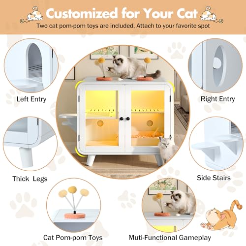 Merax Cat Hidden Litter Box Enclosure with RGB LED Light – Retro TV-Style Cat House Cabinet with Stairs, Pom-Pom Toys, Litter Leak Walkway & Glass Doors for Living Room,Cream - color: Cream