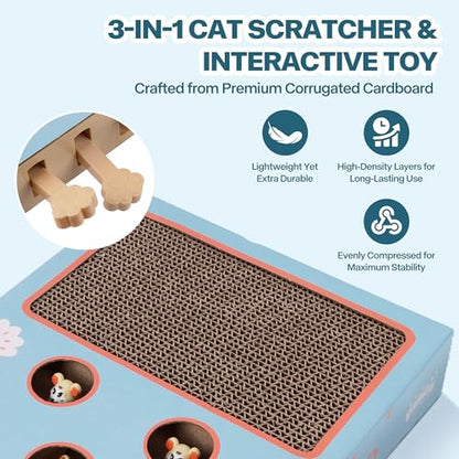 PAWISE Interactive Cat Scratcher Toy - 3-in-1 Cardboard Cat Scratching Board & Interactive Puzzle Toy Box for Indoor Cats, Nail File Scratch Pad with Pop-up Mice, Cat Enrichment Toy for Kitten - size: 10X12X2.4