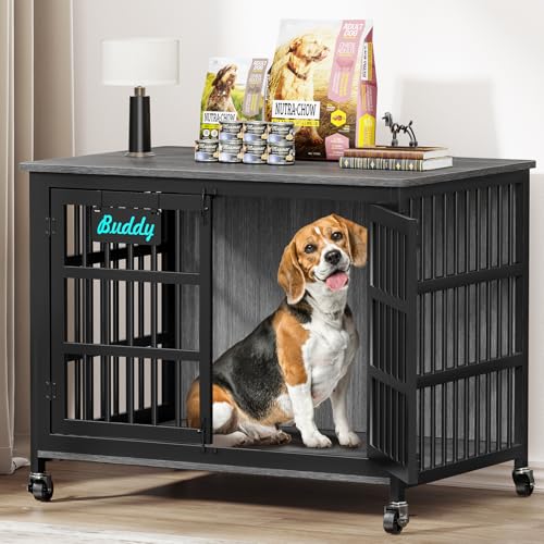EasyCom 41"/33"/27" Dog Crate Furniture with Name Tag, Heavy Duty Dog Kennel Indoor for Medium Dogs, Double-Doors Sturdy Metal Dog Cage for Anxiety Dog, Decorate House as TV Stand, End Table - color: Dark Grey, size: 40.8"L x 29.3"W x 30.2"H