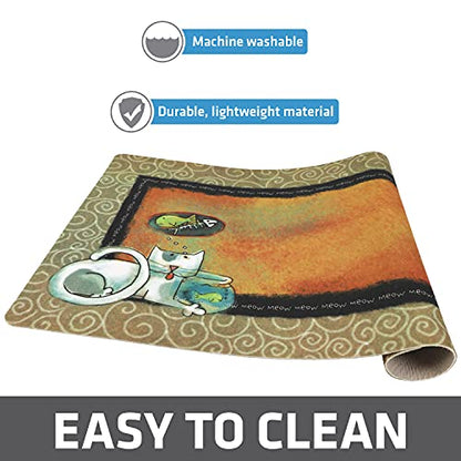 Drymate Cat Bowl Placemat, Pet Food Feeding Mat - Absorbent Fabric, Waterproof Backing, Slip-Resistant - Machine Washable/Durable (USA Made) (12” x 20”) (Fish Kitty) - color: Fish Kitty, size: Small (12" x 20")
