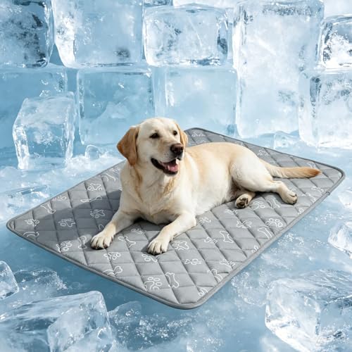 BEAUTYZOO Dog Cooling Mat for Large Dogs 47"x28" – Upgraded Thick Cooling Mat for Dogs with Chill Cool Fiber Q-Max>0.43 – Waterproof, Non-Slip, Washable Crate Cooling Pad for Summer & Indoor Outdoor - color: Grey Paw, size: X-Large 28" x 47" (1 Pack)