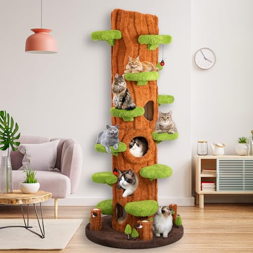 KAMABOKO 91" Tall Cat Tree for Indoor Cats - Large Cat Tower with 6 Luxury Cat Condo, Soft Cushion, Scratching Board, Plush Platform & Top Perch, Magic Forest Series, Green - size: 91"h