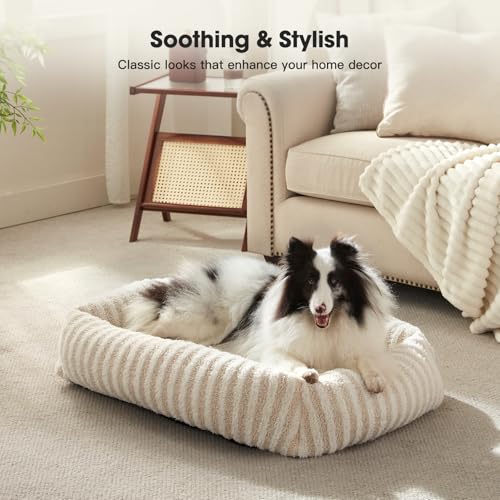 MIXJOY Dog Bed for Medium Sized Dogs, Washable Medium Dog Beds with Removable Cover, Rectangle Pet Beds with Non-Slip Bottom, Warming Calming Dogs Cuddler, 25"x21"x7", White - color: White, size: S Plus(25"Lx21"Wx7"Th)