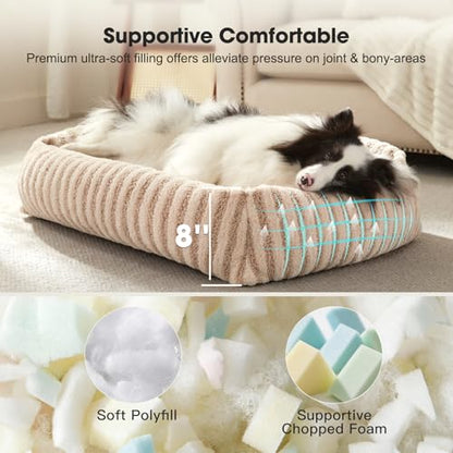 MIXJOY Dog Beds Large Sized Dogs, Washable Dog Bed with Removable Cover, Soft Rectangle Dogs Ded Fluffy Plush Faux Fur Pet Bed with Anti-Slip Bottom, 36"x27"x8", Beige - color: Beige, size: L(36"Lx27"Wx8"Th)