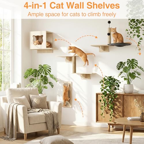 Cat Wall Shelves, Wooden Multi-Level Cat Climbing Furniture, House, Steps, Sisal Scratcher, Perches Bed & Ball, Space-Saving Wall Mounted Cats Shelves for Play & Rest - size: 4-in-1 Cat Shelves
