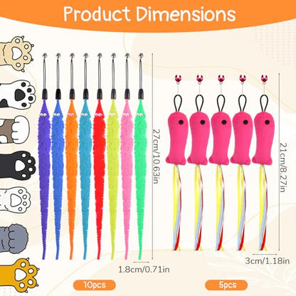 Qianyu 15 PCS Fish and Worm Catnip Toys Interactive Cat Toys Cat Feather Wand Accessories with Ribbons Plush Filled Cats Toy Worm Fish Refills for Play Exercise Chase Chew Indoor