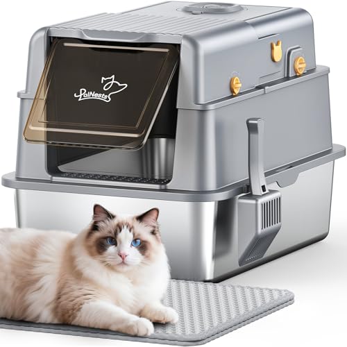 L7 Pro-Stainless Steel Litter Box with Lid, XXL Extra Large Enclosed Metal Cat Box for Kitty&Big Cats, Odor Control - Cat Litter Deodorizer, High Sided Enclosure with Scoop & Mat, Anti-Leakage-Grey - color: Grey