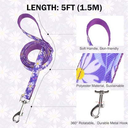 Dog Collar and Leash Set, Adjustable Dog Collars for Small Medium Dogs Boys Girls, Soft Durable Nylon Collar and Matching Leash, Cute Puppy Collars,Purple - color: Purple flower, size: Small(Neck:11.8"-16.2")