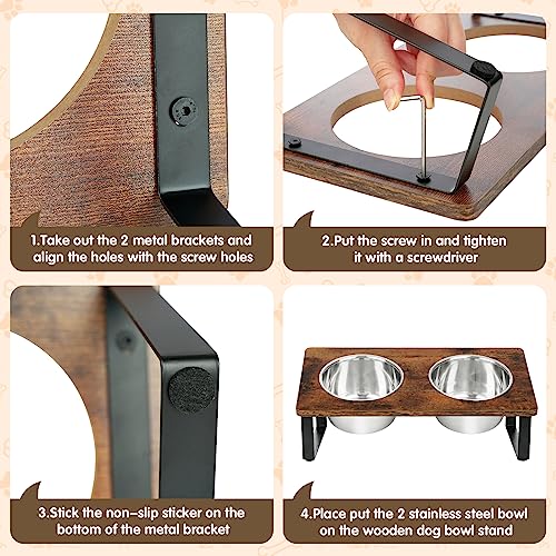 Elevated Dog Bowls for Small Medium Wood Dogs Raised Bowl Stand with 2 Stainless Steel Deep Dog Food and Water Bowls, Anti Vomit, Non-Slip Feeding Dishes(Tilted，3 inches in Height, 40oz - color: Walnut-Small&Medium