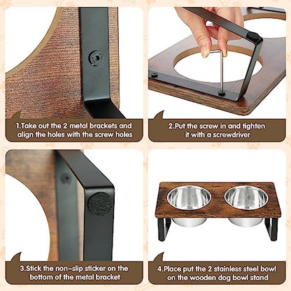 Elevated Dog Bowls for Small Medium Wood Dogs Raised Bowl Stand with 2 Stainless Steel Deep Dog Food and Water Bowls, Anti Vomit, Non-Slip Feeding Dishes(Tilted，3 inches in Height, 40oz - color: Walnut-Small&Medium