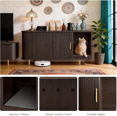 Cat Litter Box Enclosure with Scratch Pad, Sliding Door, 38.5" Cat Litter Furniture Hidden Litter Box Cabinet, Modern Indoor Cat House, TV Stand, Side End Table for Living Room (Dark Walnut) - color: Dark Walnut