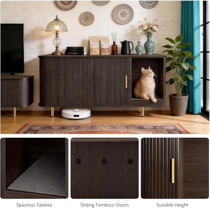 Cat Litter Box Enclosure with Scratch Pad, Sliding Door, 38.5" Cat Litter Furniture Hidden Litter Box Cabinet, Modern Indoor Cat House, TV Stand, Side End Table for Living Room (Dark Walnut) - color: Dark Walnut