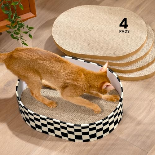 Conlun Cat Scratcher Box with 4 Cat Scratching Board Reversible Scratch Pad, Heavy Duty Corrugated Cardboard Pet Bed Lounger Kitty Scratchers for Indoor, Protects Furniture,Kittens Gifts-Large - color: Checkerboard, size: 4 Pads-Cat Scratcher Box