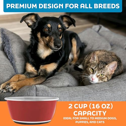 Master Pet Supply Stainless Steel Dog Bowls Set of 2 (16 Oz Each) with Non-Slip Rubber Base - Crimson Flame - Basic Dog Food Bowl Water & Food Bowls for Small Medium Large Dogs & Cats, Metal Dish - color: Crimson Flame, size: 2 Cups (16 oz) 2 Pack
