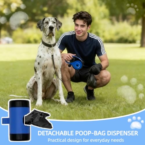 26ft Retractable Dog Leash for Large Dogs with Poop Bag Holder and LED Light,Heavy Duty Retractable Dog Leash with Chew Proof Extender,One-Hand Lock System,Impact-Resistant,Up to 110 lbs (Blue) - color: Blue