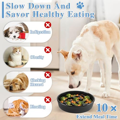 Ceramic Slow Feeder Dog Bowls, 2 Cups Dog Food Dish for Medium and Large Breed, Puzzle Dog Food Bowl for Fast Eater, 28OZ, 8.15 inch(Black) - color: Black-L