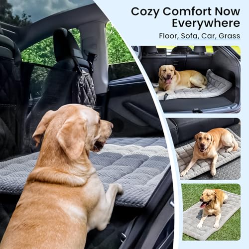 Dog Bed Mat for Car Backseat [Extra-Thick & Chew-Resistant], Road Trip Bed to Fully Protect Dog's Safety, Fits Trucks/SUVs Back Seat Cover Extenders, Grey, 54x24x1.8 inch