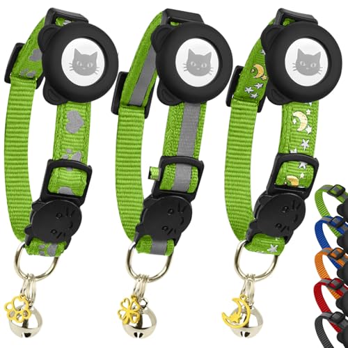 Cat Collar with AirTag Holders, 3-Pack, Reflective Breakaway Safety Collars, Bells and Matching Charms, Adjustable, Paw Hearts, Moon Stars Design, Lucky Charm, Red, Blue, Black (Green) - color: Green