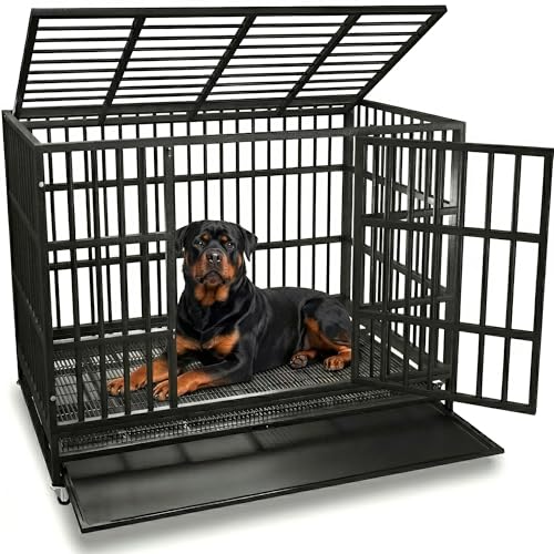 Oranland 38 Inch Heavy Duty Indestructible Dog Crate,Escape-Proof Dog Cage for High Anxiety Dogs,XL Dog Crate for Large Dogs with Sturdy Locks,Double Door,Removable Wire Tray and Wheels - color: Black/38 inch