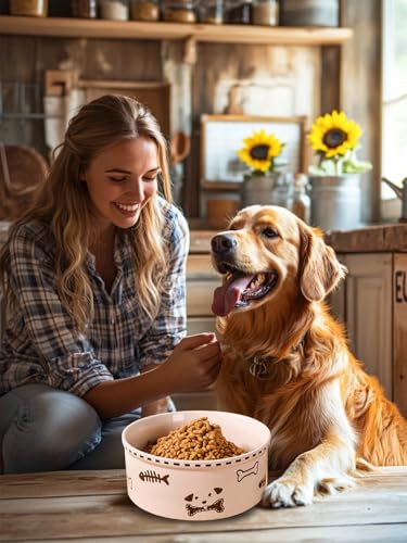 Ceramic Dog Bowl 55oz Heavy Duty Pet Food and Water Bowl for Medium Large Dogs Non Slip Weighted Dog Dish with Cute Bone and Fish Design Easy to Clean - color: Light Pink