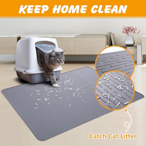 Silicone Cat Litter Mat, 34x22 in Waterproof Litter Box Mat Cats Feeding Mats with Raised Edges, Quick Clean Desig (Grey) - size: 34"L x 22"W