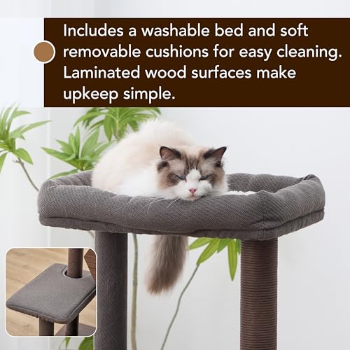 PetPals 5-Level 46.4” Mid-Century Modern Cat Tree with Hexagon Condo, Replaceable Recycled Paper Rope Scratchers, Washable Bed&Toys, Quick Assembly, Ideal for Medium Cats,Dark Brown - color: Dark Brown