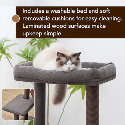 PetPals 5-Level 46.4” Mid-Century Modern Cat Tree with Hexagon Condo, Replaceable Recycled Paper Rope Scratchers, Washable Bed&Toys, Quick Assembly, Ideal for Medium Cats,Dark Brown - color: Dark Brown
