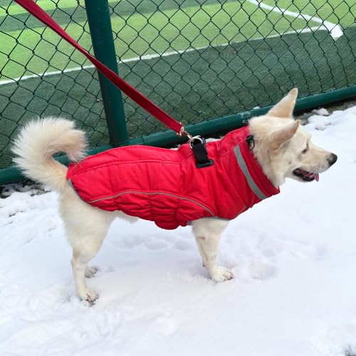 Dog Coat, Reflective Dog Jacket Waterproof Windproof Puppy Cold Weather Coats with Harness Built in, Winter Extra Warm Pet Coat Fleece Vest for Small Large Pets and Puppy (Red, Medium) - color: Red, size: Medium