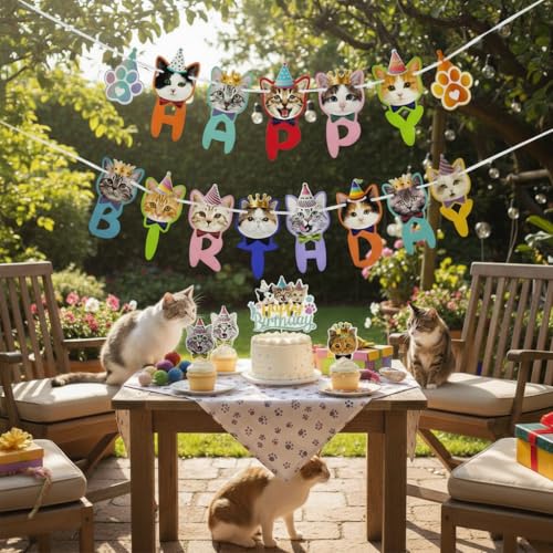 Cat Birthday Cake Topper & Paper Garland Banner Set – 12 Pc Kitten Cupcake Picks + 10ft Pennant, Reusable Indoor/Outdoor Party Decor for Cats & Kids (Banner Set) - size: Cat Birthday Banner Set