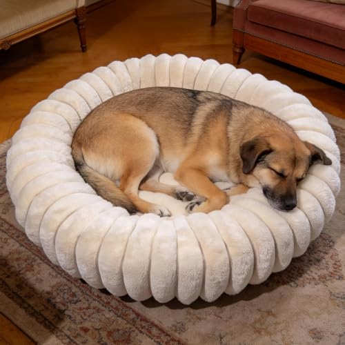 Donut Dog and Cat Bed, Luxurious Comfortable Faux Rabbit Fur Pet Beds, Round Anti-Anxiety Calming Puppy Kitten Bed with Anti-Slip Bottom for Small Medium Dogs & Cats(29", Brown) - color: White, size: M(28*28*8)
