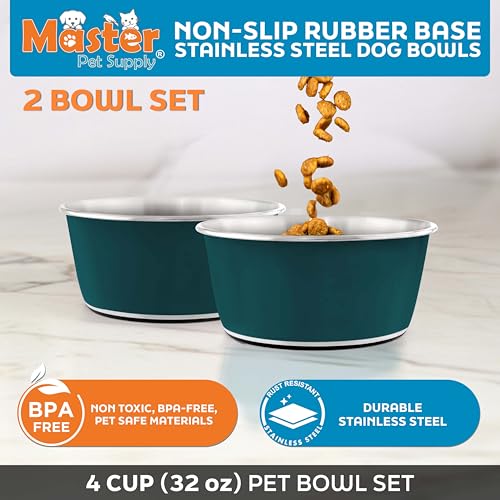 Master Pet Supply Stainless Steel Dog Bowls Set of 2 (32 Oz Each) with Non-Slip Rubber Base - Emerald Sea - Basic Dog Food Bowl Water & Food Bowls for Small Medium Large Dogs & Cats, Metal Dish - color: Emerald Sea, size: 4 Cups (32 oz) 2 Pack
