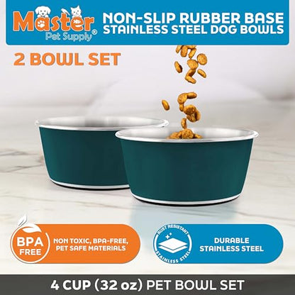 Master Pet Supply Stainless Steel Dog Bowls Set of 2 (32 Oz Each) with Non-Slip Rubber Base - Emerald Sea - Basic Dog Food Bowl Water & Food Bowls for Small Medium Large Dogs & Cats, Metal Dish - color: Emerald Sea, size: 4 Cups (32 oz) 2 Pack