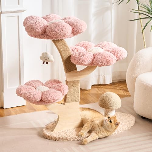 Modern Cat Tree Tower for Indoor Cats Large Adult, 37 inch Flower Cat Tree with Scratching Post, Luxury Aesthetic Cat Tree with Cloud-Soft Flower Perches and Physical Mouse-Sound Hanging Toy - color: blush pink, size: 37 inch-Mushroom Scratcher