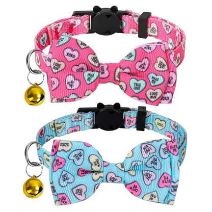 JarThenaAMCS 2Pcs Valentine Cat Collar Conversation Heart Bowtie Collar with Breakaway Bell Blue Pink Adjustable Kitten Collar for Girl Boy Cat Small Pet - style: Conversation Heart