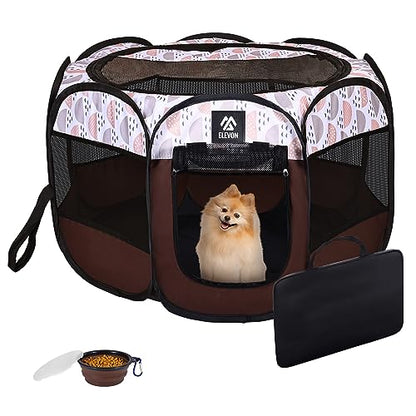 Elevon Portable Pet Playpen, Dog Playpen Outdoor Tent Kennel, Water-Resistant Cat Kitten Playpen with Carrying Case Collapsible Travel Bowl, Foldable Puppy Playpen Crate with Removable Shade Cover - color: Brown