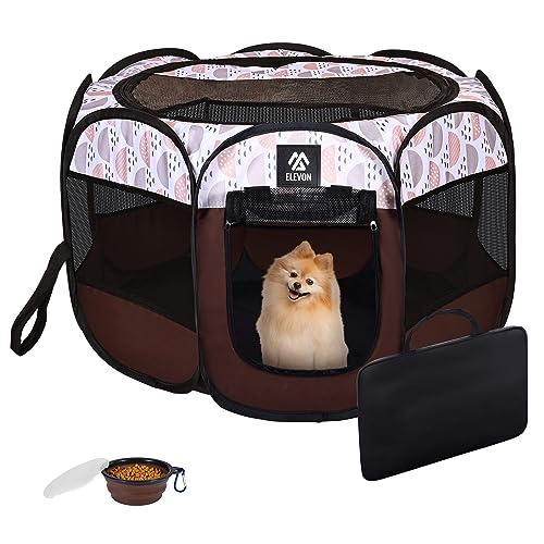 Elevon Portable Pet Playpen, Dog Playpen Outdoor Tent Kennel, Water-Resistant Cat Kitten Playpen with Carrying Case Collapsible Travel Bowl, Foldable Puppy Playpen Crate with Removable Shade Cover - color: Brown