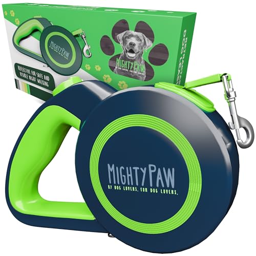 Mighty Paw Retractable Dog Leash 2.0 - Auto-Locking Button for The Control When You Need - Stainless Steel Coil for Smooth Retraction - Super Reflective Ring for Nighttime Visibility - No More Tangle - color: Original Green, size: 50 - 110 lbs