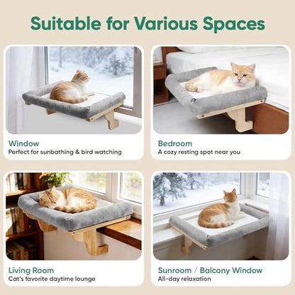 Cat Window Perch with Bolster, Large Hammock Bed for Indoor Cats, Solid Wood & Metal Frame Mounted Perch, Cozy Sunbathing Lounge Bed, 25” Wide (Grey Bed) - color: Gery