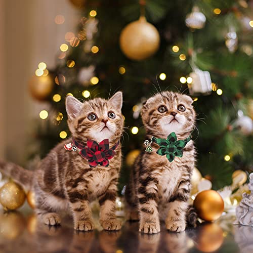ADOGGYGO Christmas Cat Collars with Flower Bell, 2 Pack Breakaway Cat Christmas Collar with Removable Floral, Red Green Plaid Flower Collars for Cats (Red&Green-2) - color: Red&Green