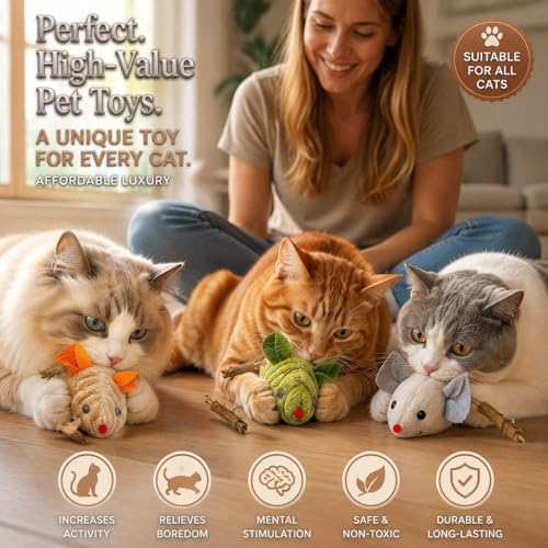 3Pcs Cat Toys Squeak Mice Catnip Toys for Indoor Cat Dental Chirping Mouse Plush Kitten Stuffed Toy Cleaning Teeth Matatabi Bite Interactive Cat Gifts Kitty Toy - size: 3Chirping-Mice