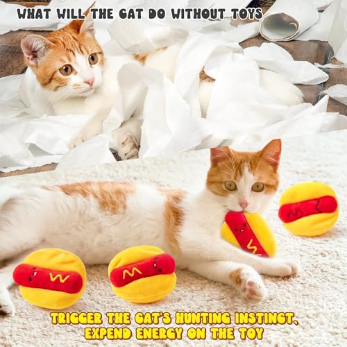 Hot Dog Catnip Stuffed Toys for Cats - 5Pcs Pet Days Funny Kitten Toys Indoor Yellow Interactive Pet Supplies, Kitten Chew Bite Tools Cat Lovers Gifts, Organic Eco-Friendly Birthday Present - style: Funny Hotdog